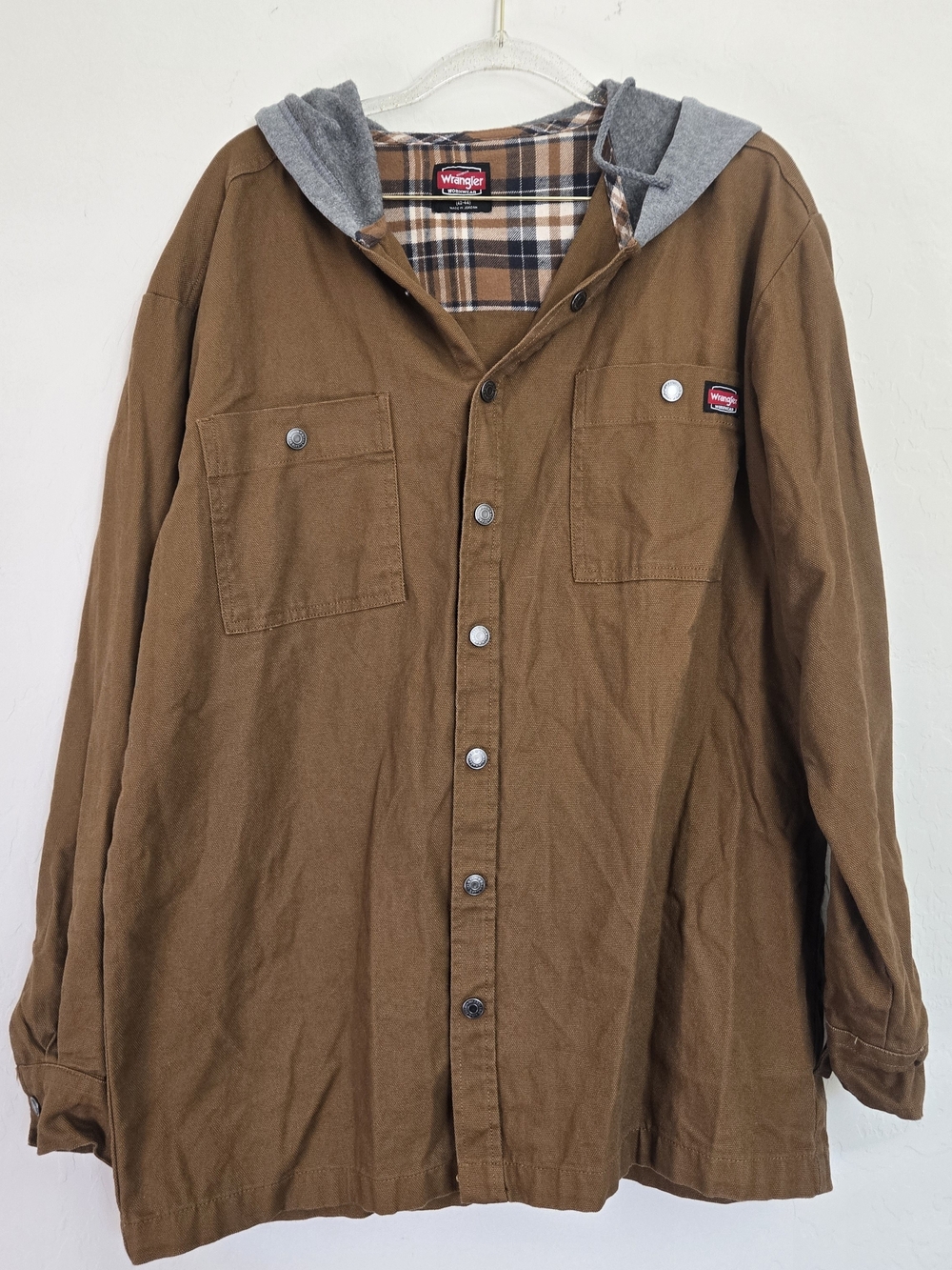 Wrangler Workwear Mens Large Brown Canvas Hooded Shirt Jacket Snap Front Canvas